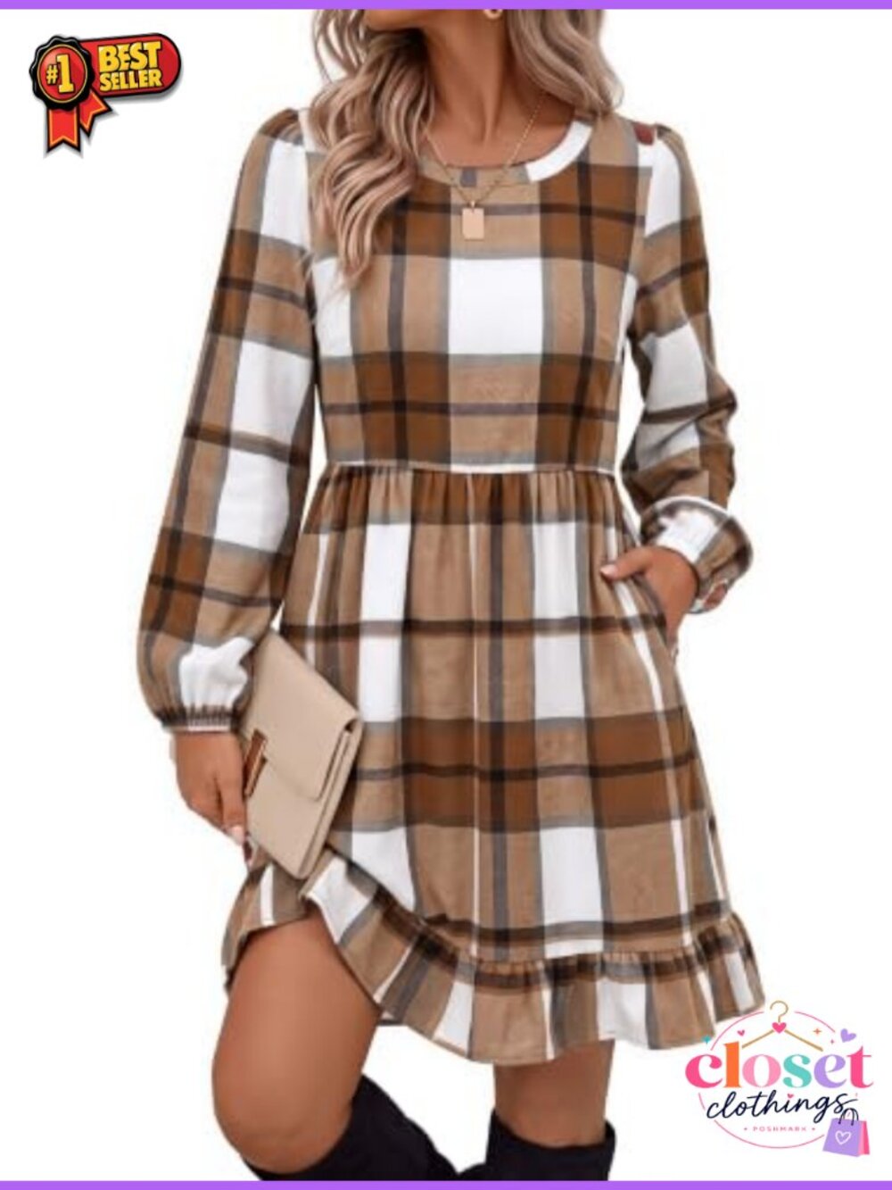 Women's Plaid Long Sleeve A-Line Dress with Pockets